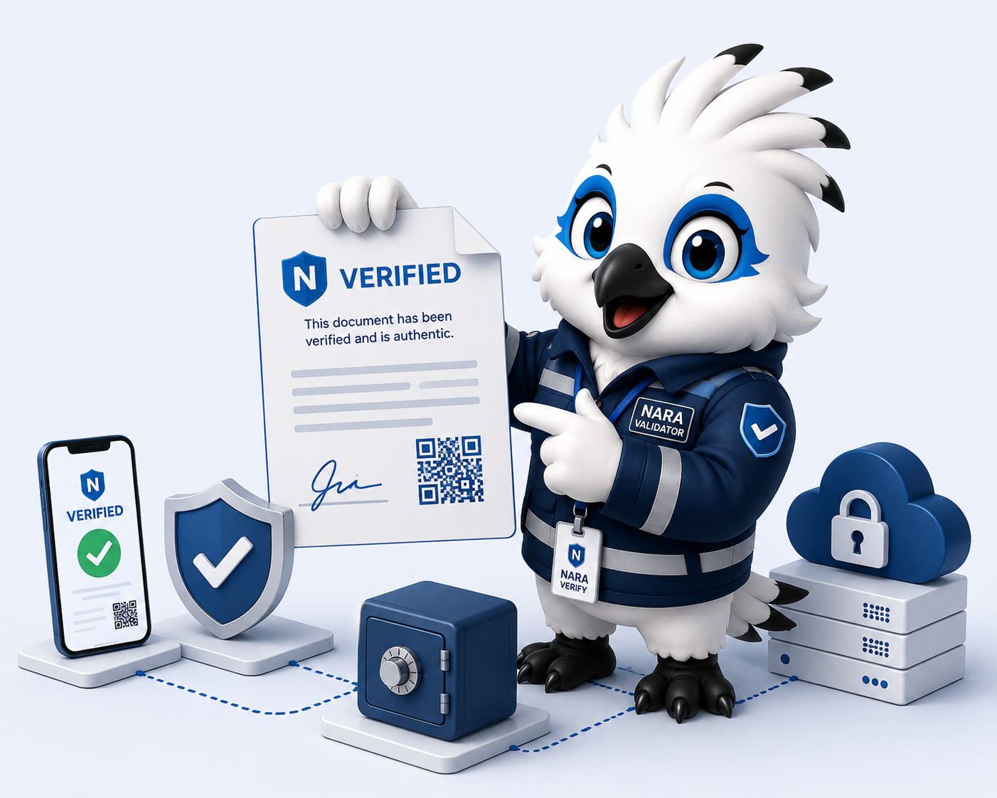 Secure digitally signed document connected to QR verification and protected storage